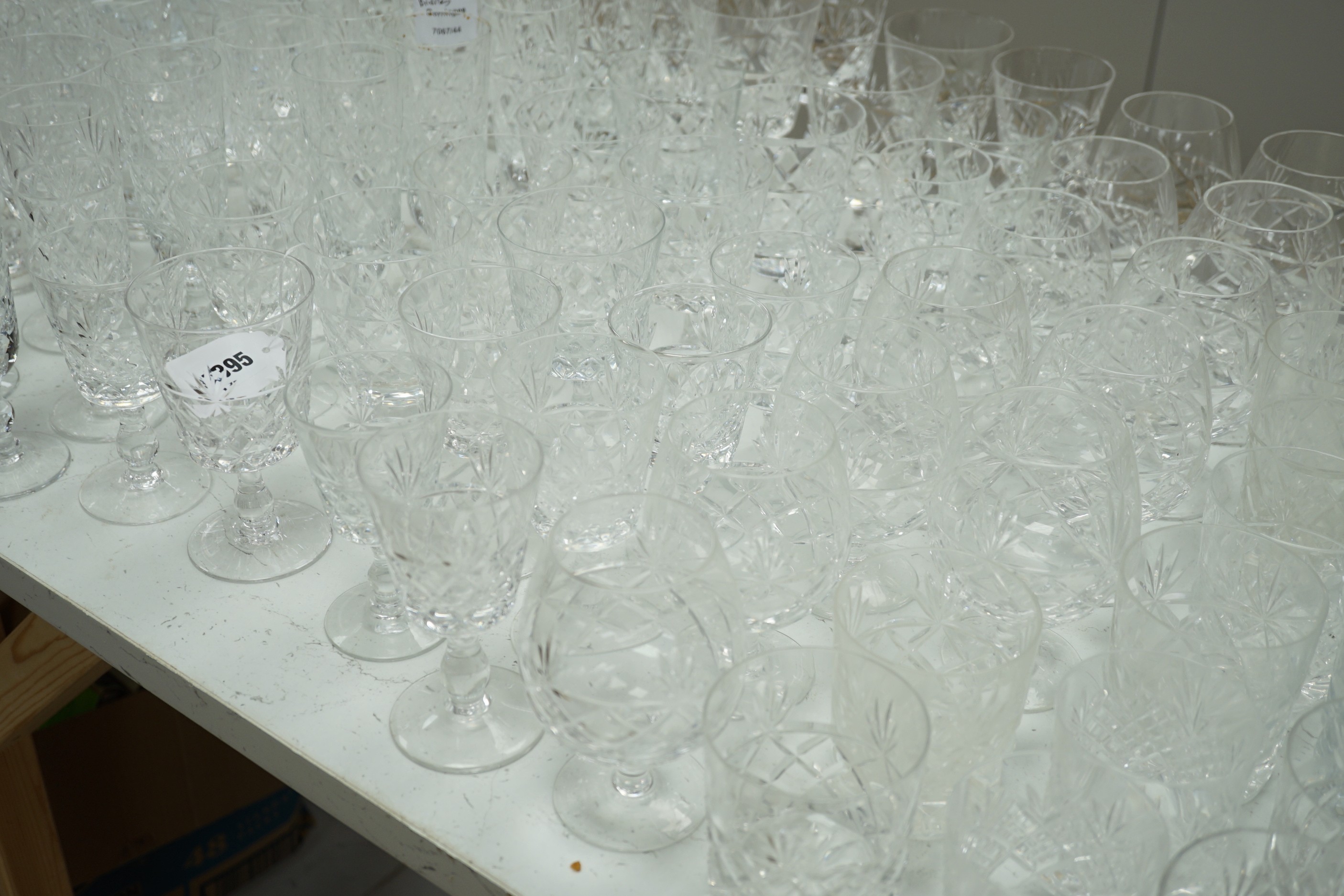 A large quantity cut glass suite of drinking glasses, mostly Brierley Queens pattern.